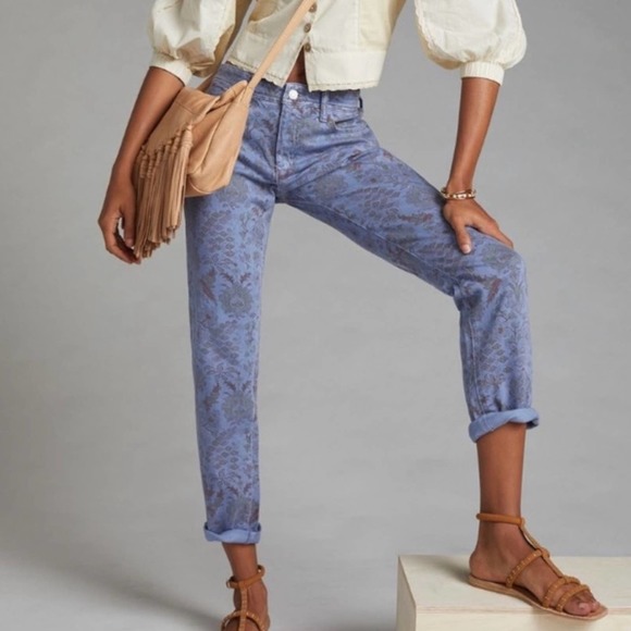 Pilcro and the Letterpress Denim - PILCRO x ANTHROPOLOGIE Slim Boyfriend Jeans Floral Print Blue Soft Denim SZ26